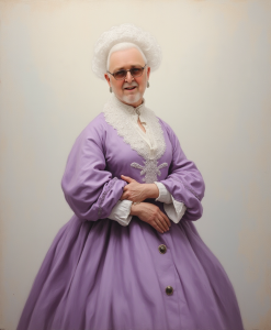 Picture of a bearded man dressed-as a Victorian era lady