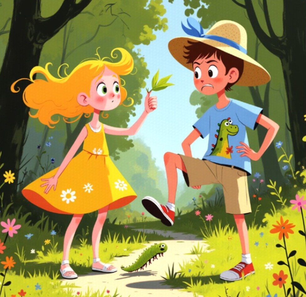 The Little Caterpillars Courage 3 oy about to squash caterpillar is stopped by girt