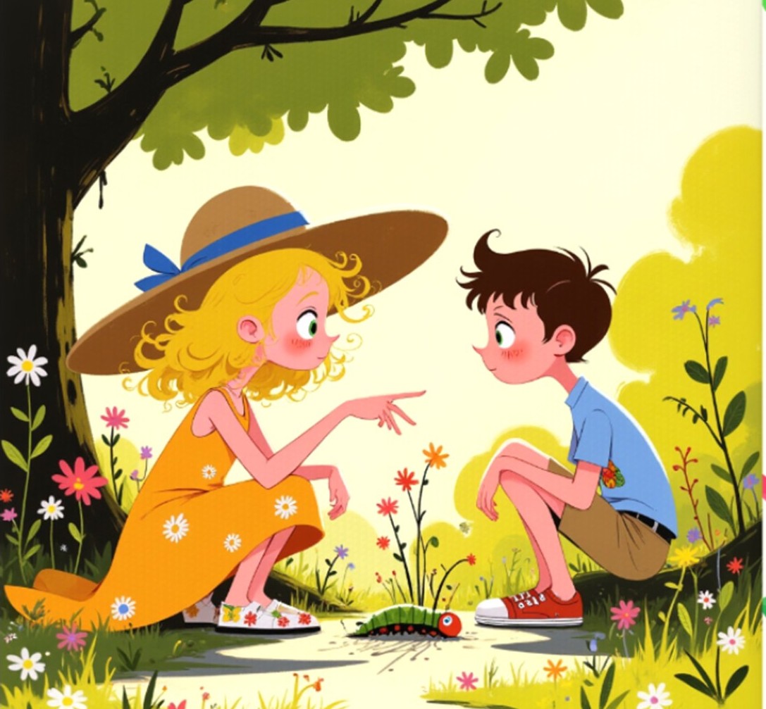 The Little Caterpillars Courage 2 Girl telling boy about caring for all creatures big or small