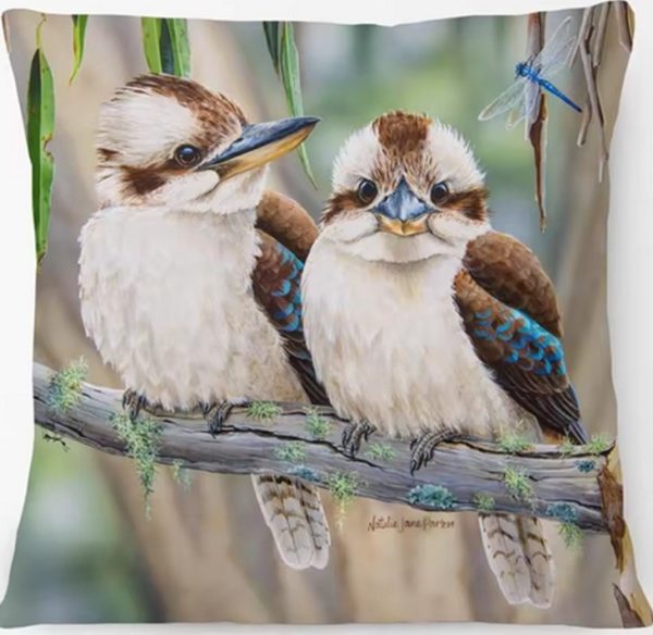 Kookaburras perched on branch cushion cover