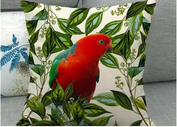 Cushion Cover withVibrant King parrot on leafy cushion