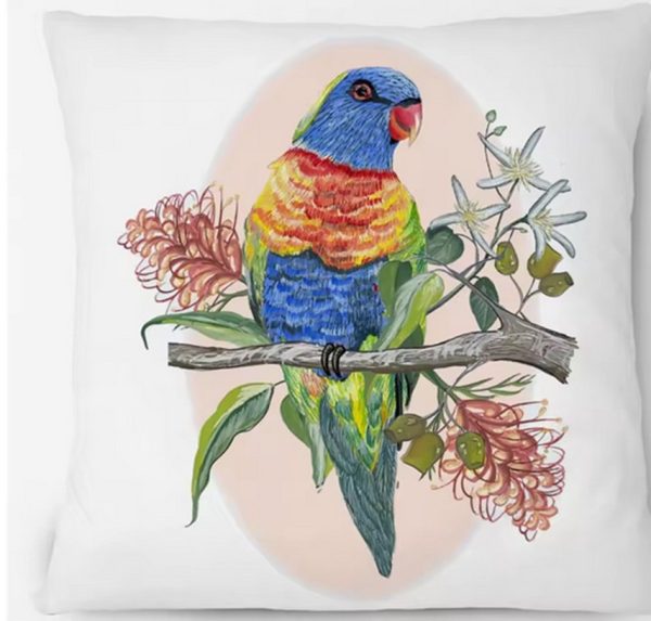 Cushion Cover with Colourful parrot perched on branch.
