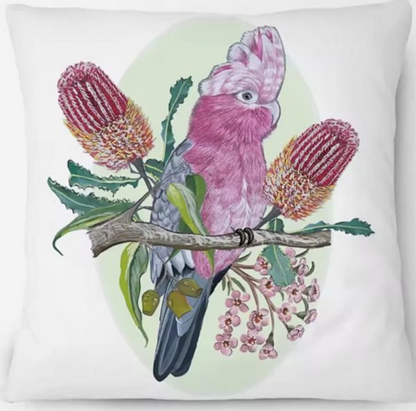 cushion cover with a Galah perched on floral branch.