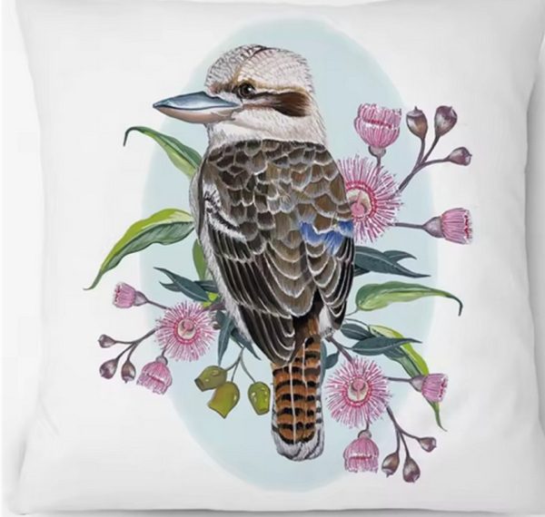 Cushion cover with Kookaburra surrounded by floral design