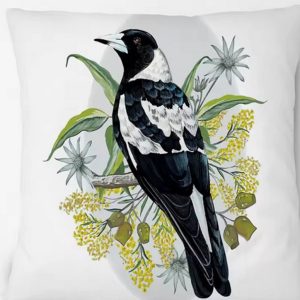 Australian Print Cushion Cover with stylised magpie on floral background.