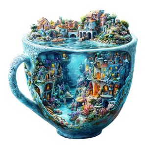 Whimsical underwater jigsaw village in cup