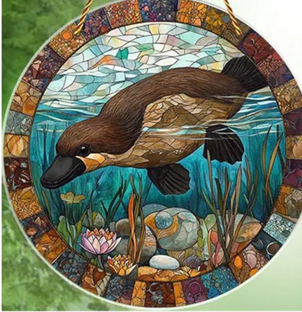 Sun catcher Stylised platypus swimming in water.