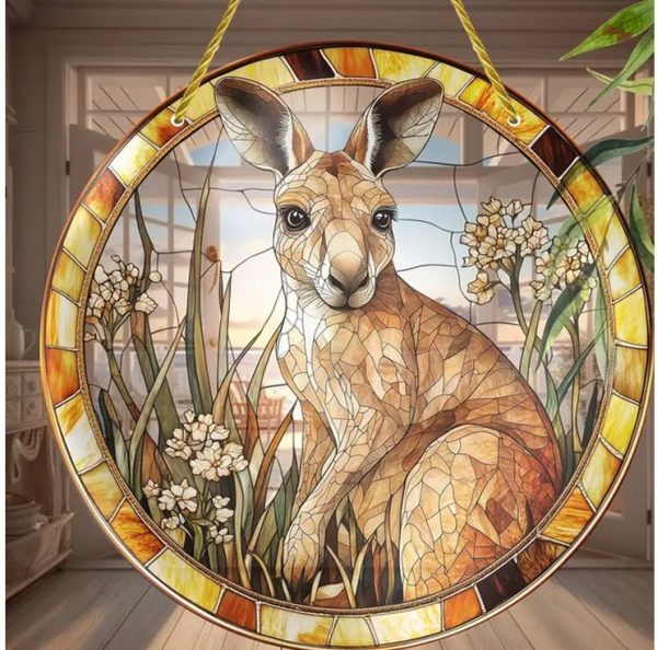 Sun catcher. Stained glass kangaroo in sunlight.