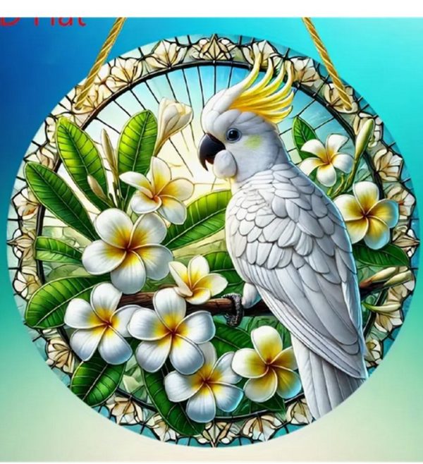 Sun Catchrt with Cockatoo amidst tropical flowers and leaves