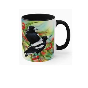 Mug featuring two black-and-white magpies.