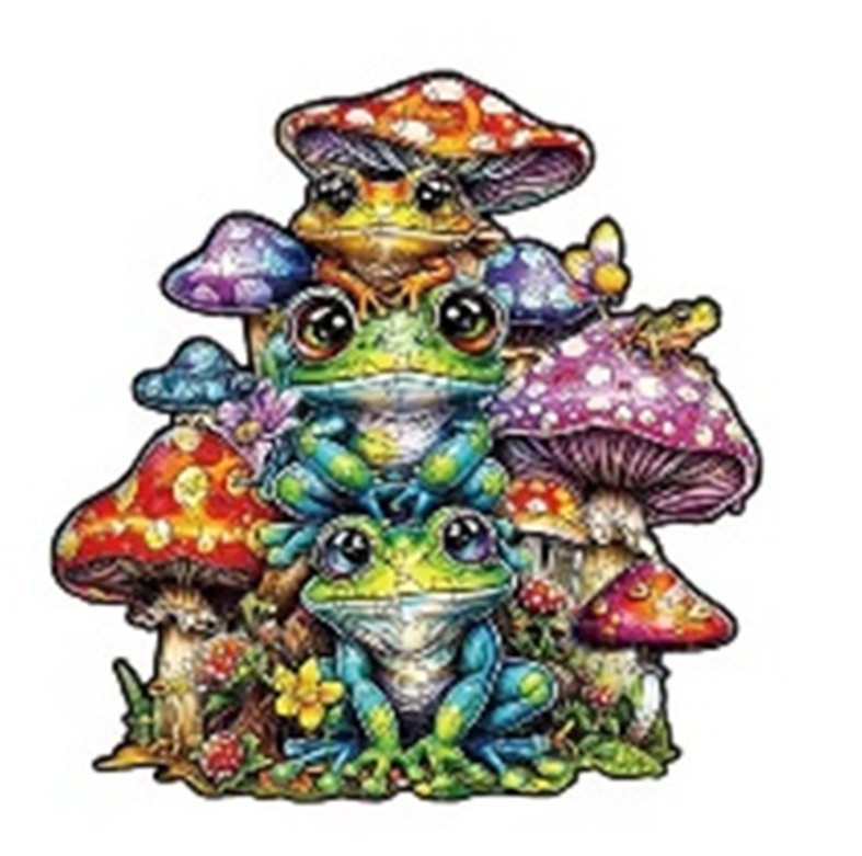 Unusual Shape Jigsaw Puzzles! 16 Jigsaw Colourful frogs among vibrant mushrooms.